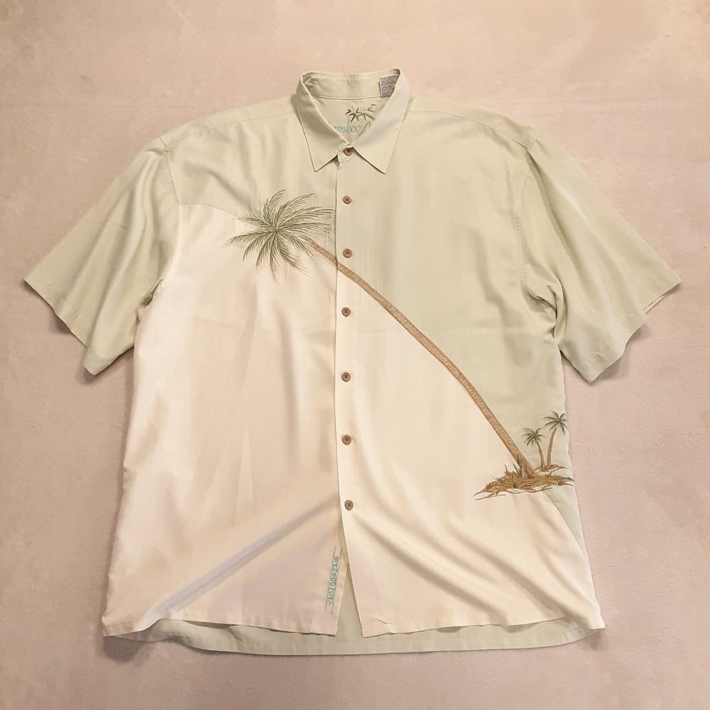 Bamboo Cay Mens Camp Collar Shirt XL Beige Green Big Embroidered Palm Tree